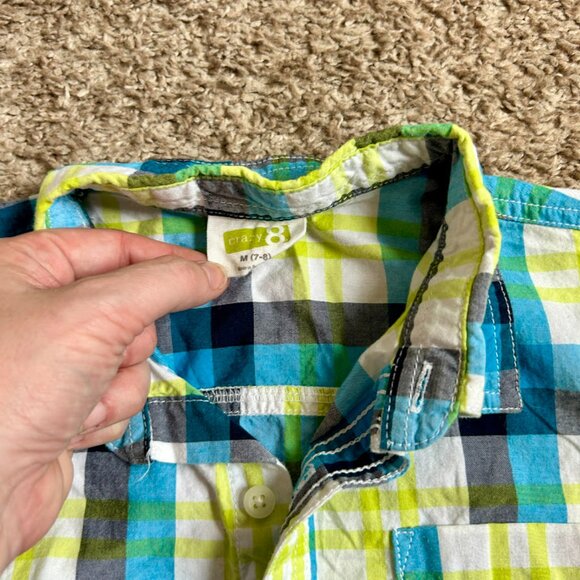 Boys' Blue & Neon Green Plaid Button Down I Size M I Crazy 8 - Picture 3 of 5